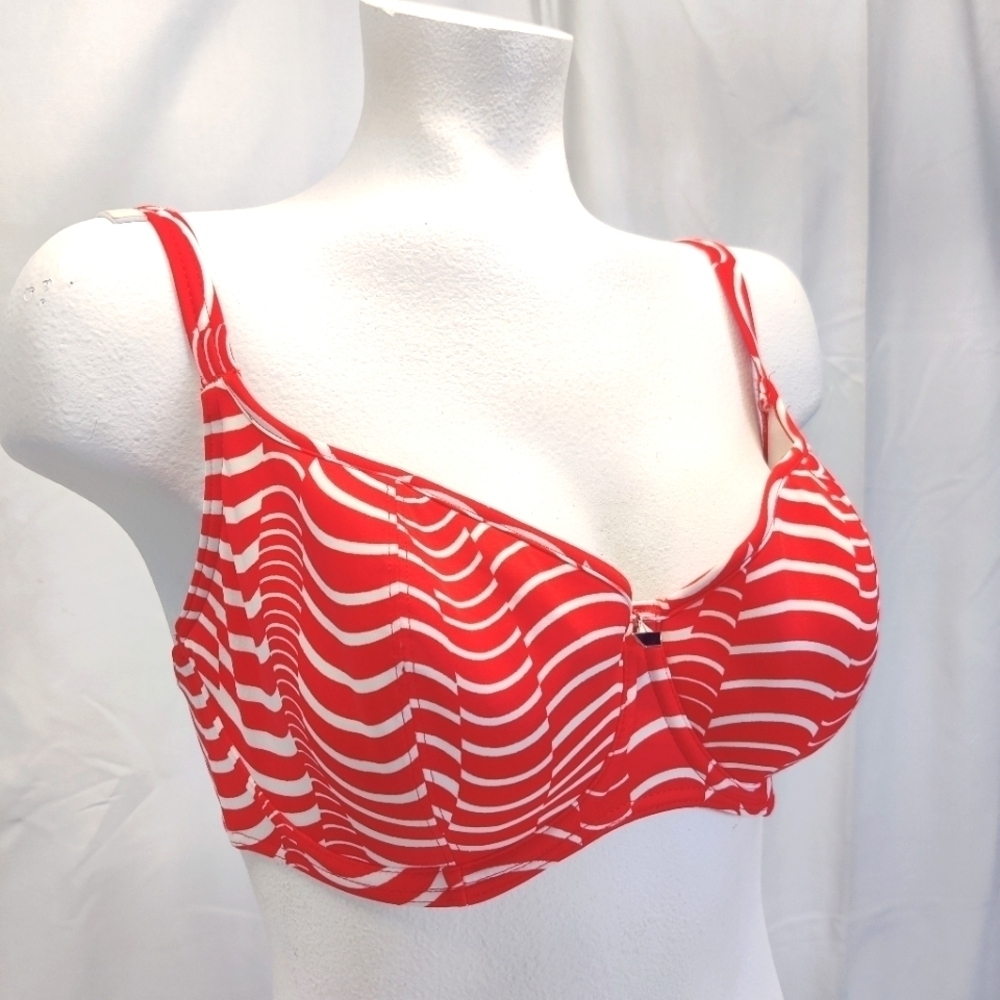 Freya St Louis Bikini Top 30FF Red White Stripe Underwire Balconette Swim Sweet